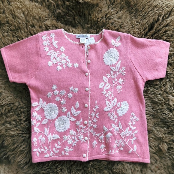 Vintage 90s Embroidered Floral Cardigan Knit Top / 90s Pink Sweater Cottagecore - Picture 1 of 5